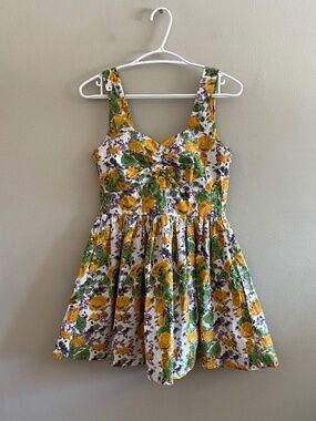Yellow Purple Green Floral Bustier Sweetheart Flared Mini Dress – Size Small EUC
